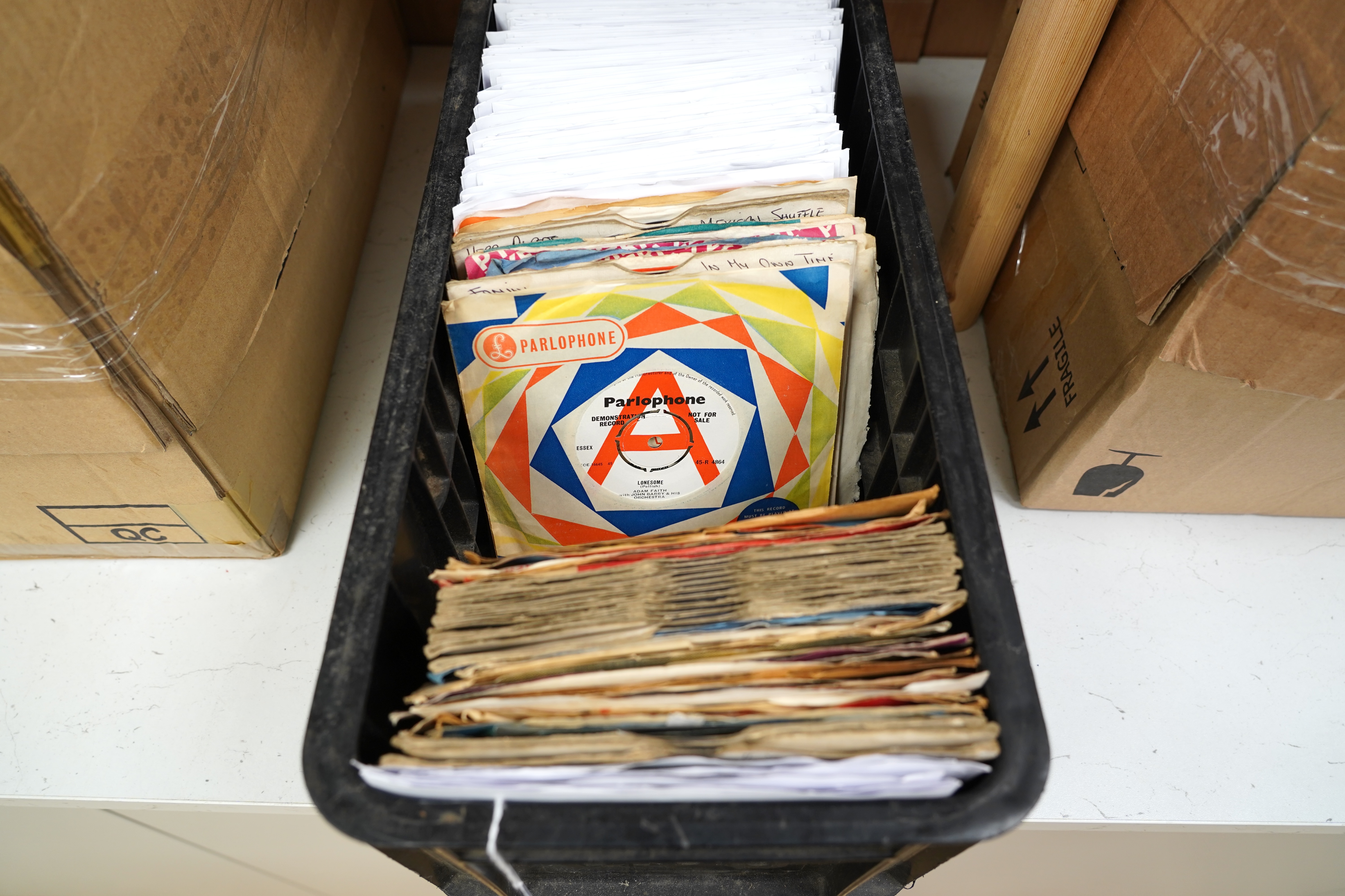 One hundred and thirty-six 7” singles, all with printed demo labels (some also with printed release date), record labels include HMV, Verve, Capitol, UA, Fontana, Elekra, London, etc. Artists include; Bob Dylan, Small Fa